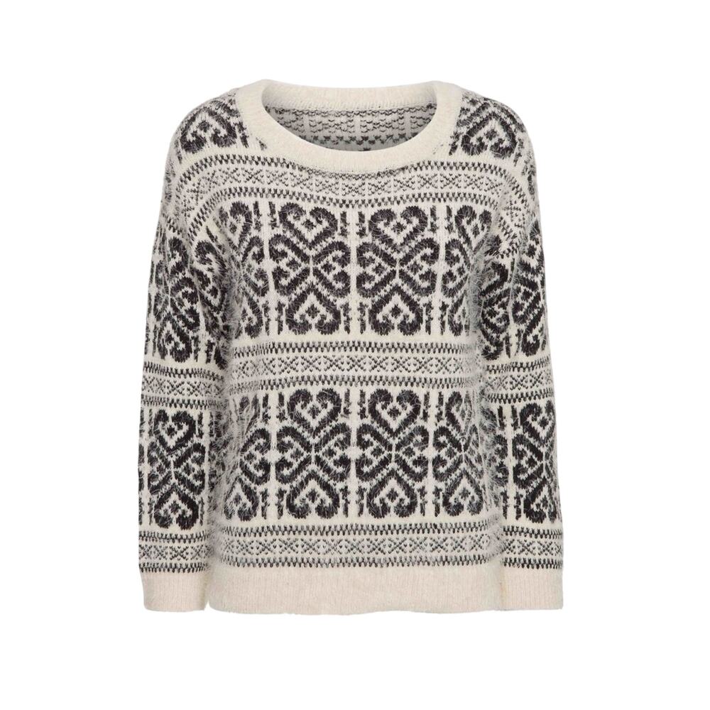 Dex 1963โ Aztec Fair Isle Print Soft Fluffy Pullover Sweater Black Cream Small